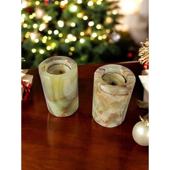 Onyx Green Candle Holder set, Dining table candles, Christmas Mantel Decor New - Picture 1 of 11